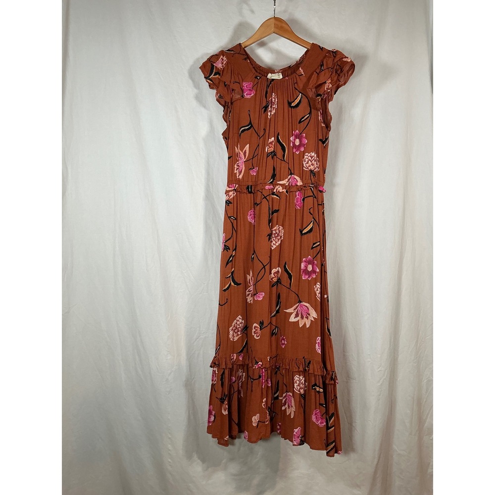 Universal Thread Womens Rust Floral Flutter Sleeve Midi Dress Brown Pink Size M
